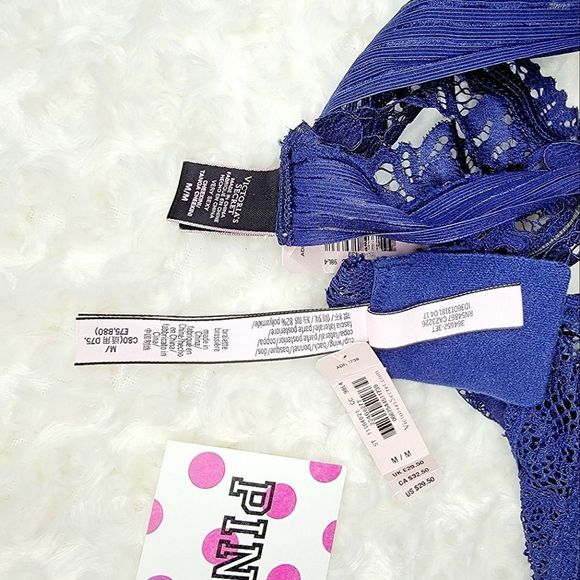 NWT 2 PC VICTORIA SECRET BRALETTE CHEEKINI NAVY BLUE LACE MEDIUM M - Picture 5 of 6